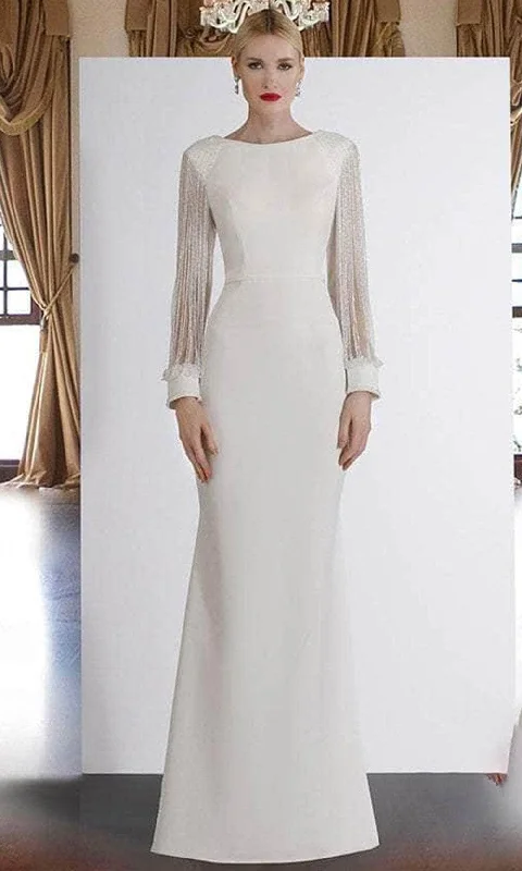 Janique - BSH-001 Bead-Draped Long Sleeve Sheath Gown In Ivory