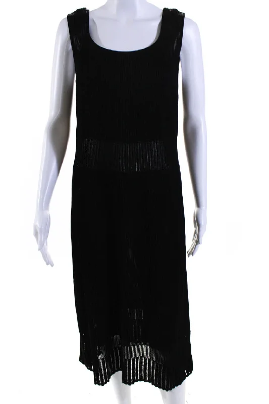 Escada Womens Ribbed Knit Sheer Sleeveless Midi Sheath Dress Black