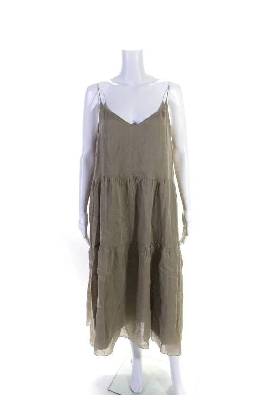 Lafayette 148 Womens Tiered Spaghetti Strap V Neck Midi Dress Brown