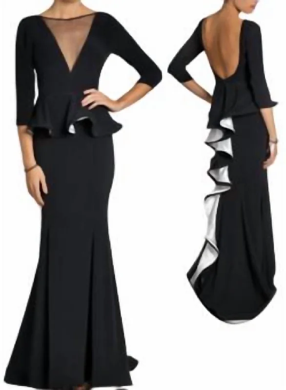 Quarter Sleeve Peplum Evening Gown In Black/white