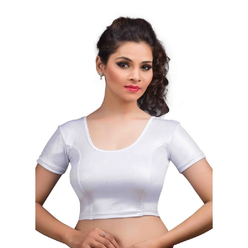 Designer Silver Shimmer Non-Padded Stretchable Short Sleeves Saree Blouse Crop Top (A-17-Silver)