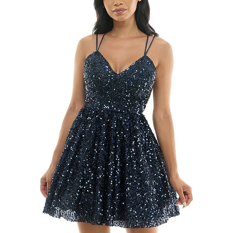 Juniors Womens Sequined Stappy Cocktail And Party Dress