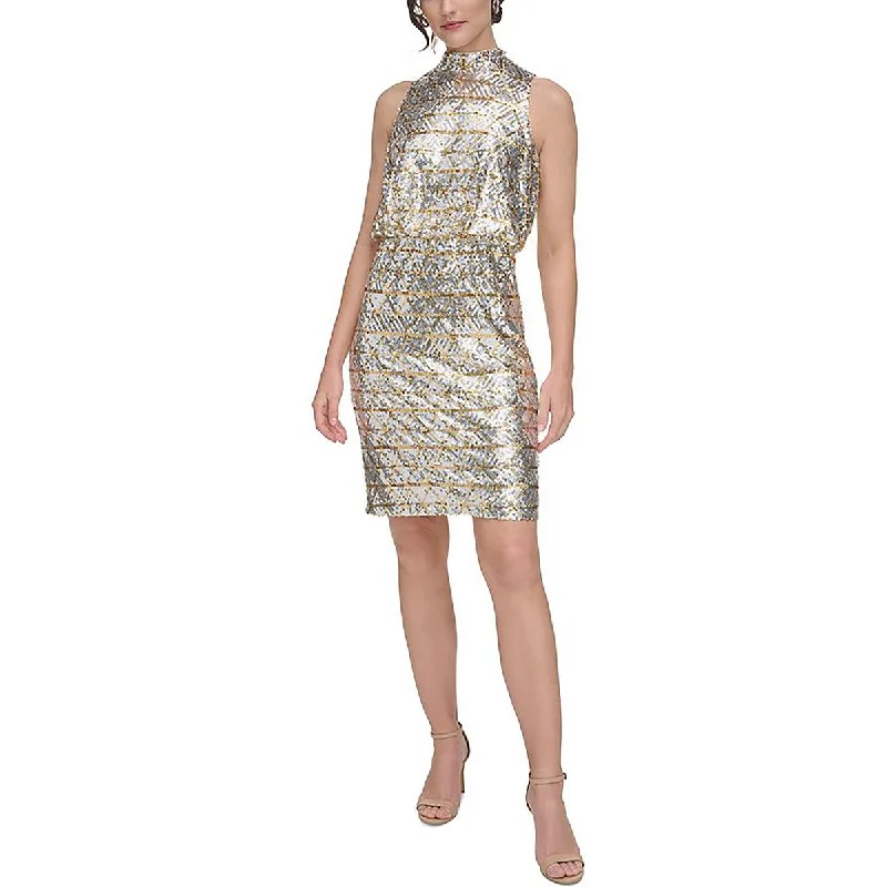 Petites Womens Metallic Sequin Cocktail And Party Dress