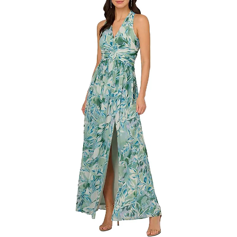 Womens Chiffon Leaf Print Evening Dress