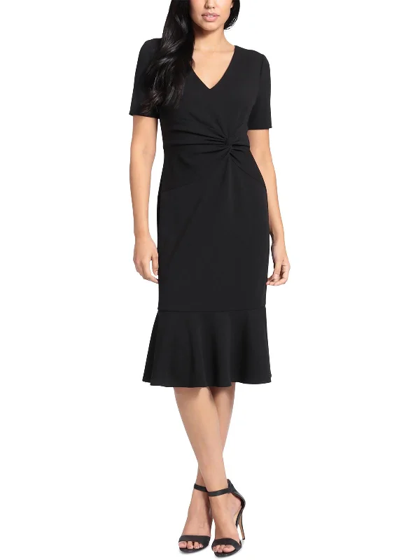 Petites Womens Short Sleeve Midi Sheath Dress