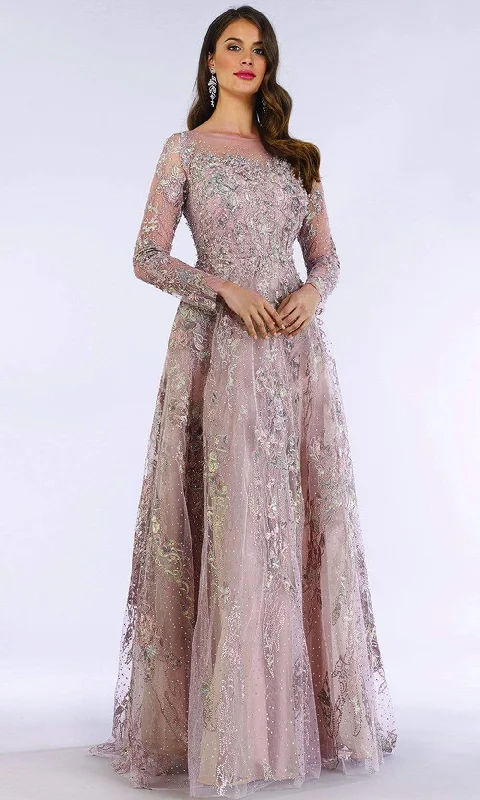 Lara Dresses - 29618 Illusion Long Sleeve Beaded Adorned Evening Gown