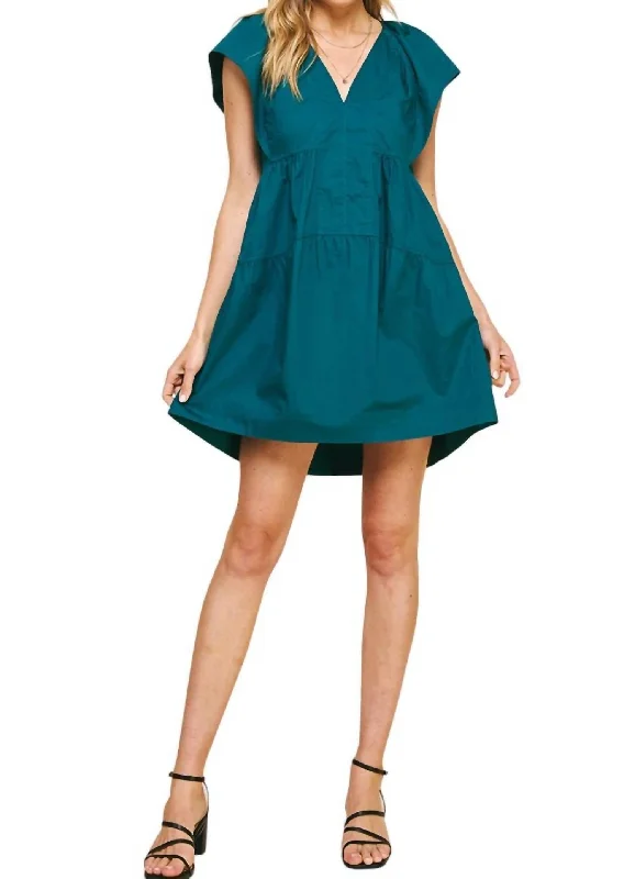 Short Sleeve Tiered Mini Dress In Fall Green