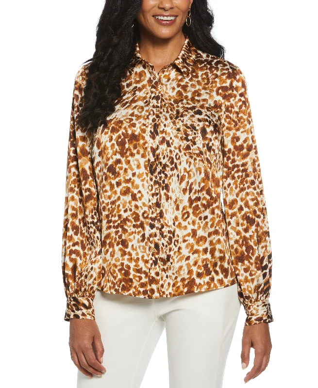 Animal Print Shine Puff Sleeve Blouse