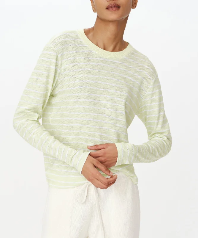 Slub Jersey with Stripe Long Sleeve Destroyed Wash Crop Tee - Mint Tint-White